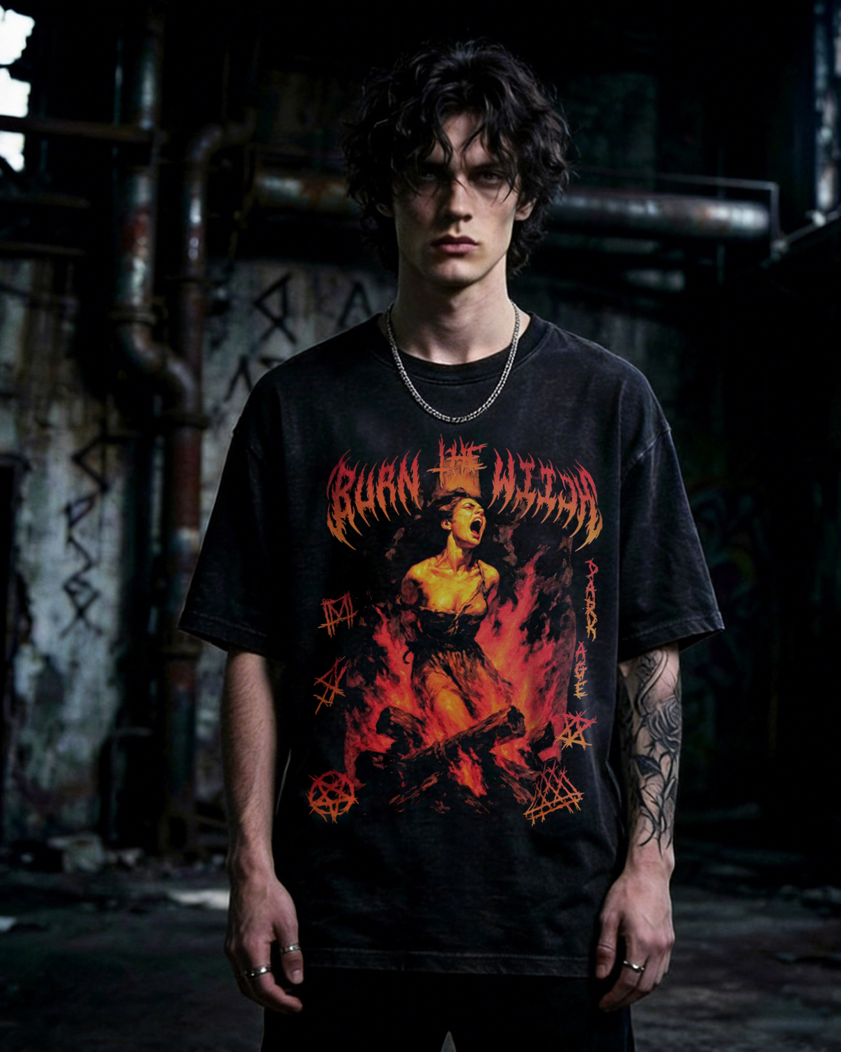 Burn the Witch Washed T-Shirt Occult Horror, Heavy Metal Apparel