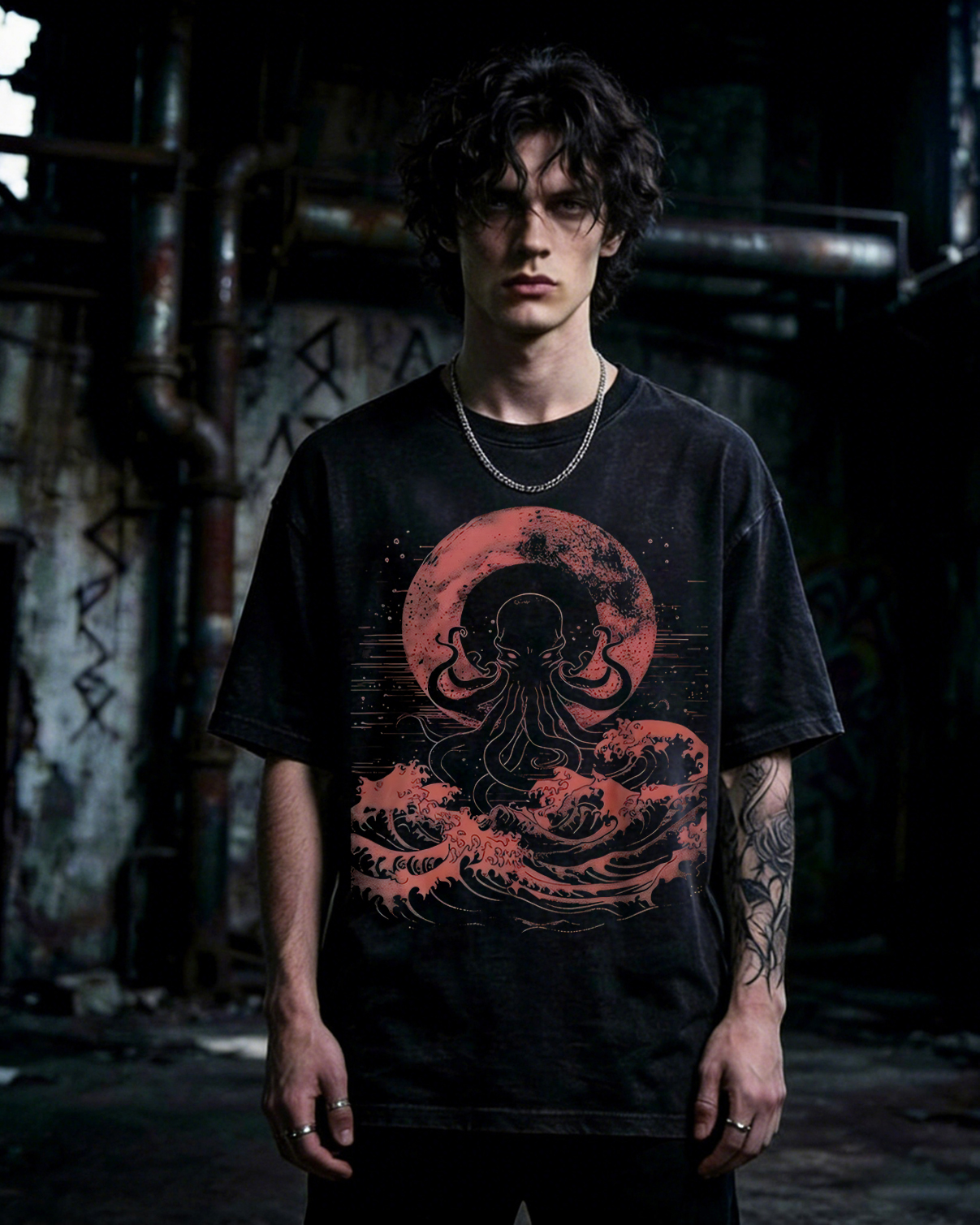 Cthulhu Red Moon Washed T-Shirt Japanese Gothic Kraken