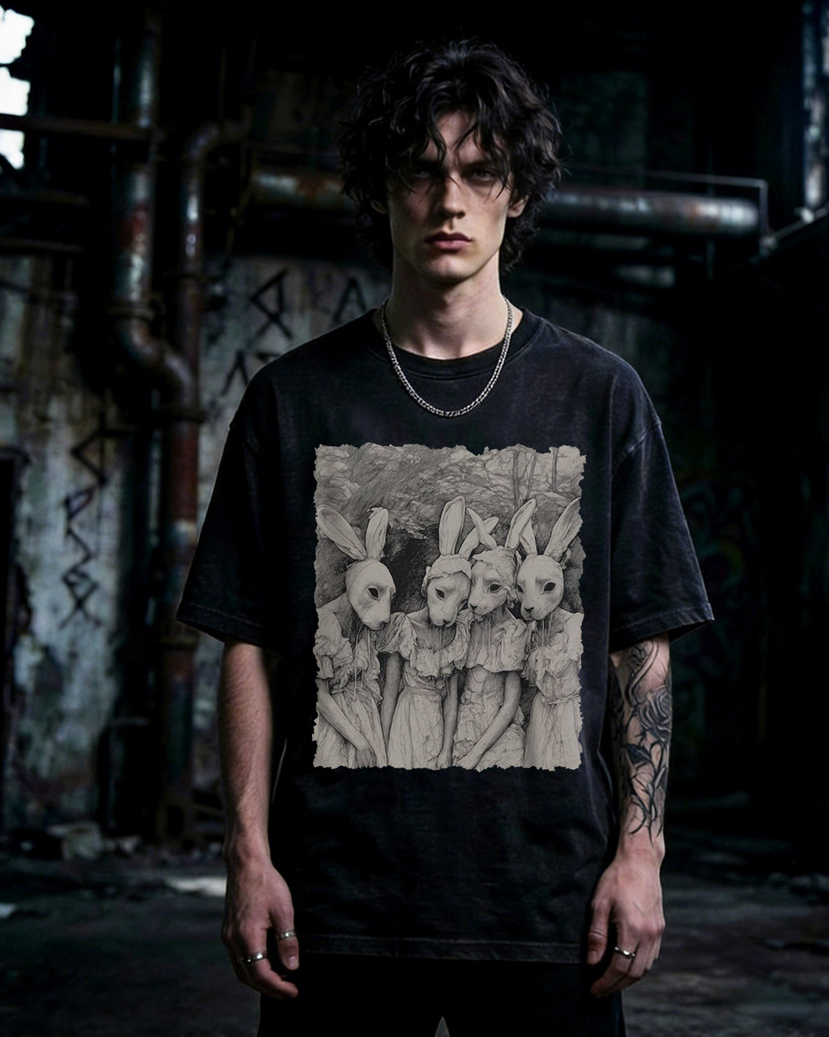 Freaky Rabbit Mask Gothic Washed T-Shirt Weird Pagan
