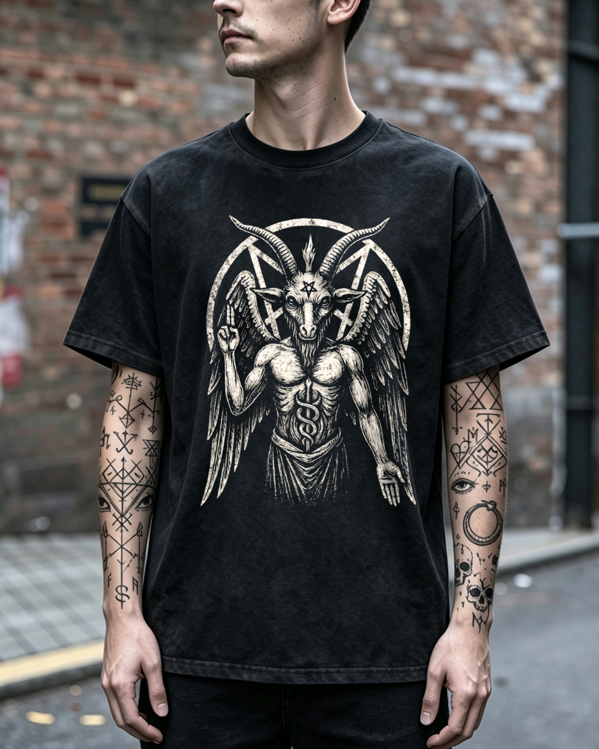 Goat Satanic Washed T-Shirt Occult Pentagram Design
