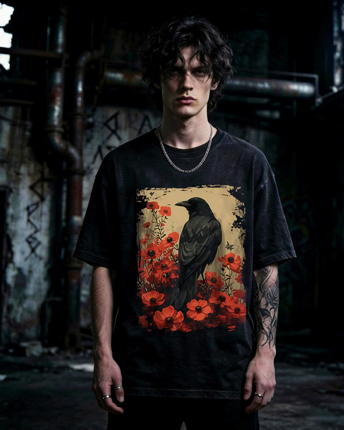 Gothic Raven Rose Enchanted Washed T-Shirt