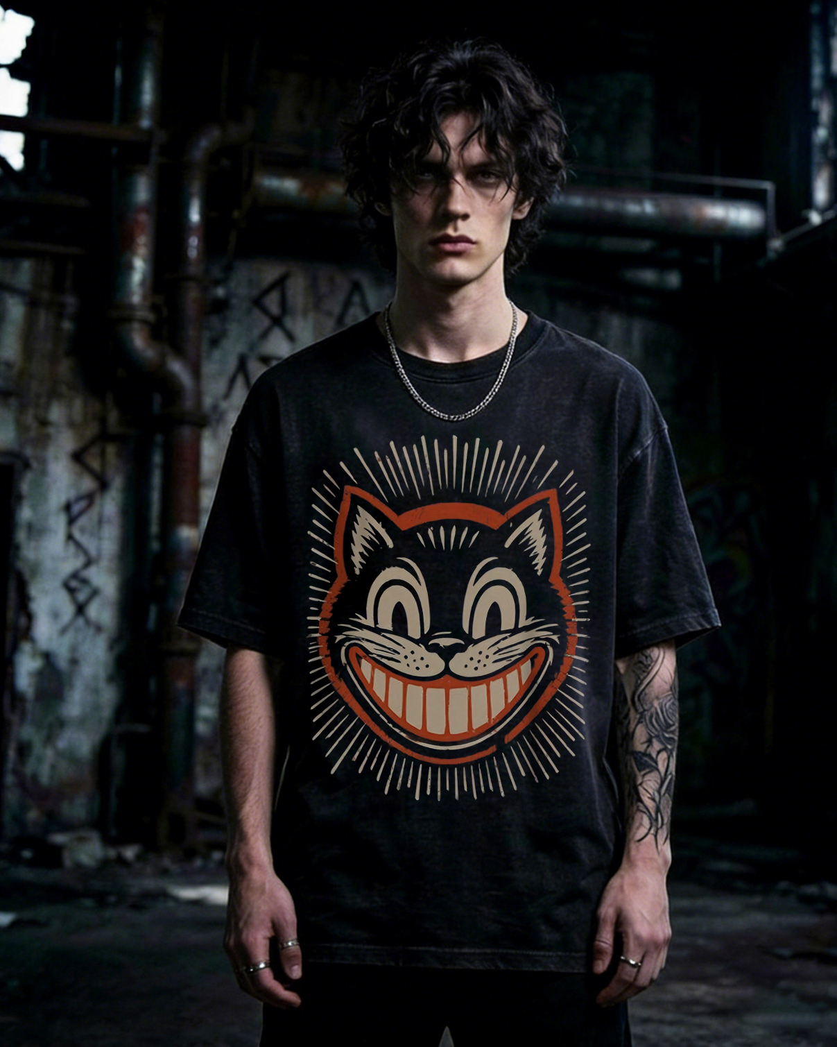 Vintage 1930s Cartoon Creepy Smiling Cat Washed T-Shirt