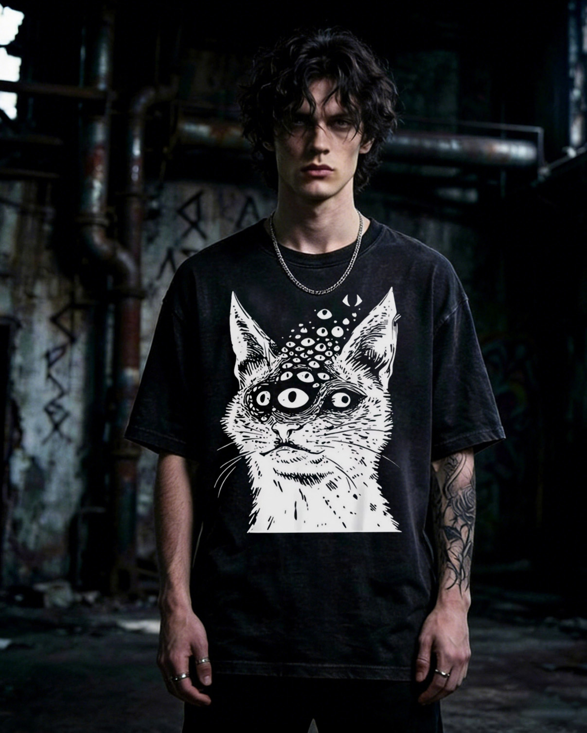 Weirdcore Cat Dark Goth Washed T-Shirt