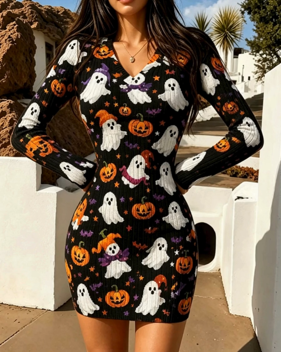 Spooky Ghost Pumpkin Bodycon Mini Dress