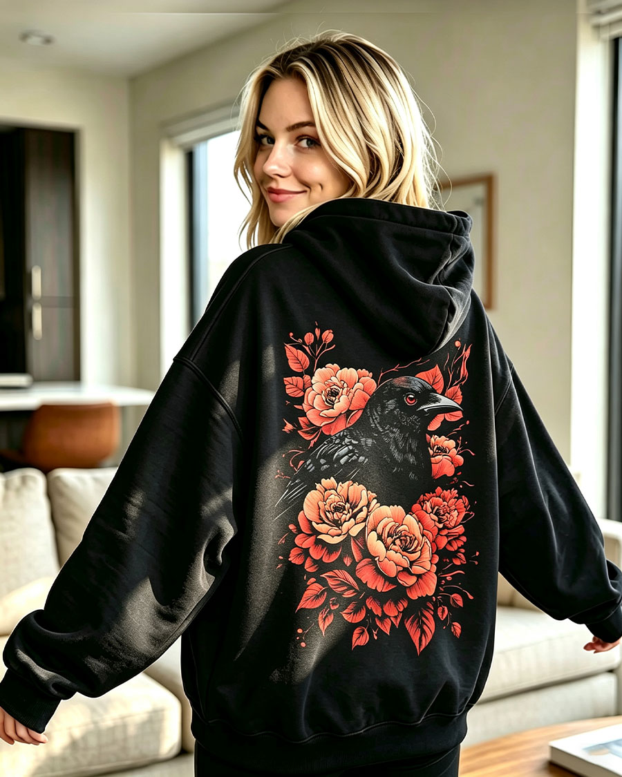 Dark Floral Raven and Red Roses Gothic Hoodie