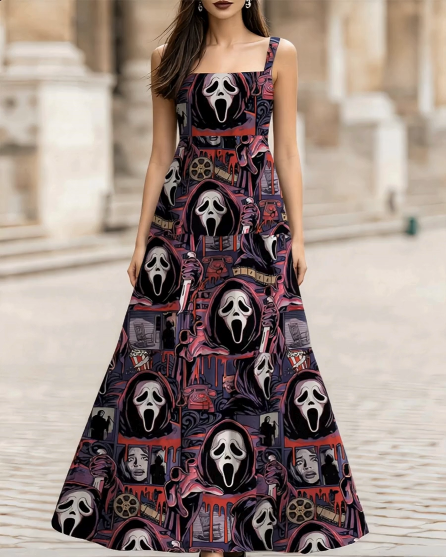 Horror Slasher Collage Adjustable Straps Maxi Dress