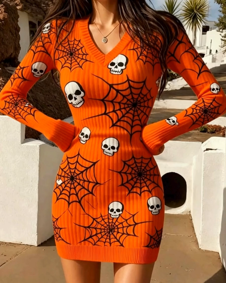 Vibrant Orange Skull & Spiderweb Knit Bodycon Mini Dress