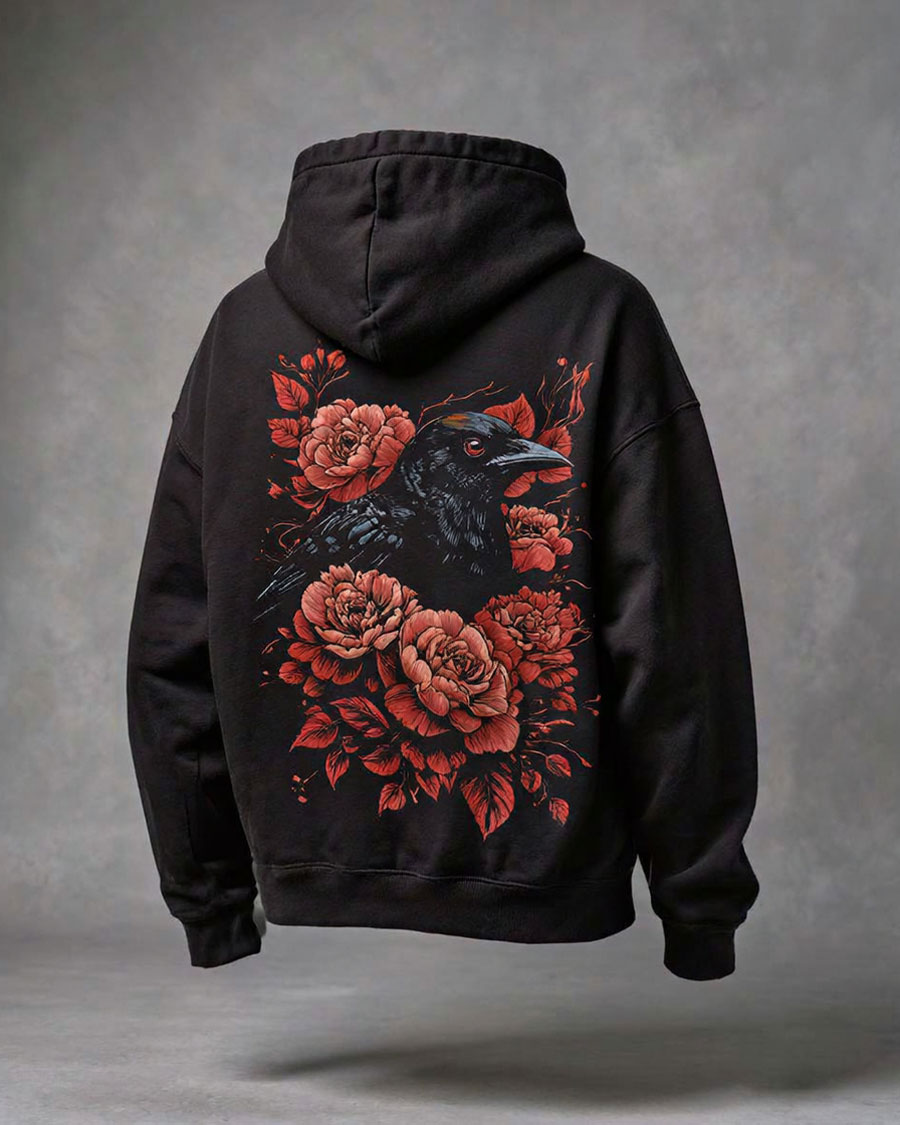 Dark Floral Raven and Red Roses Gothic Hoodie