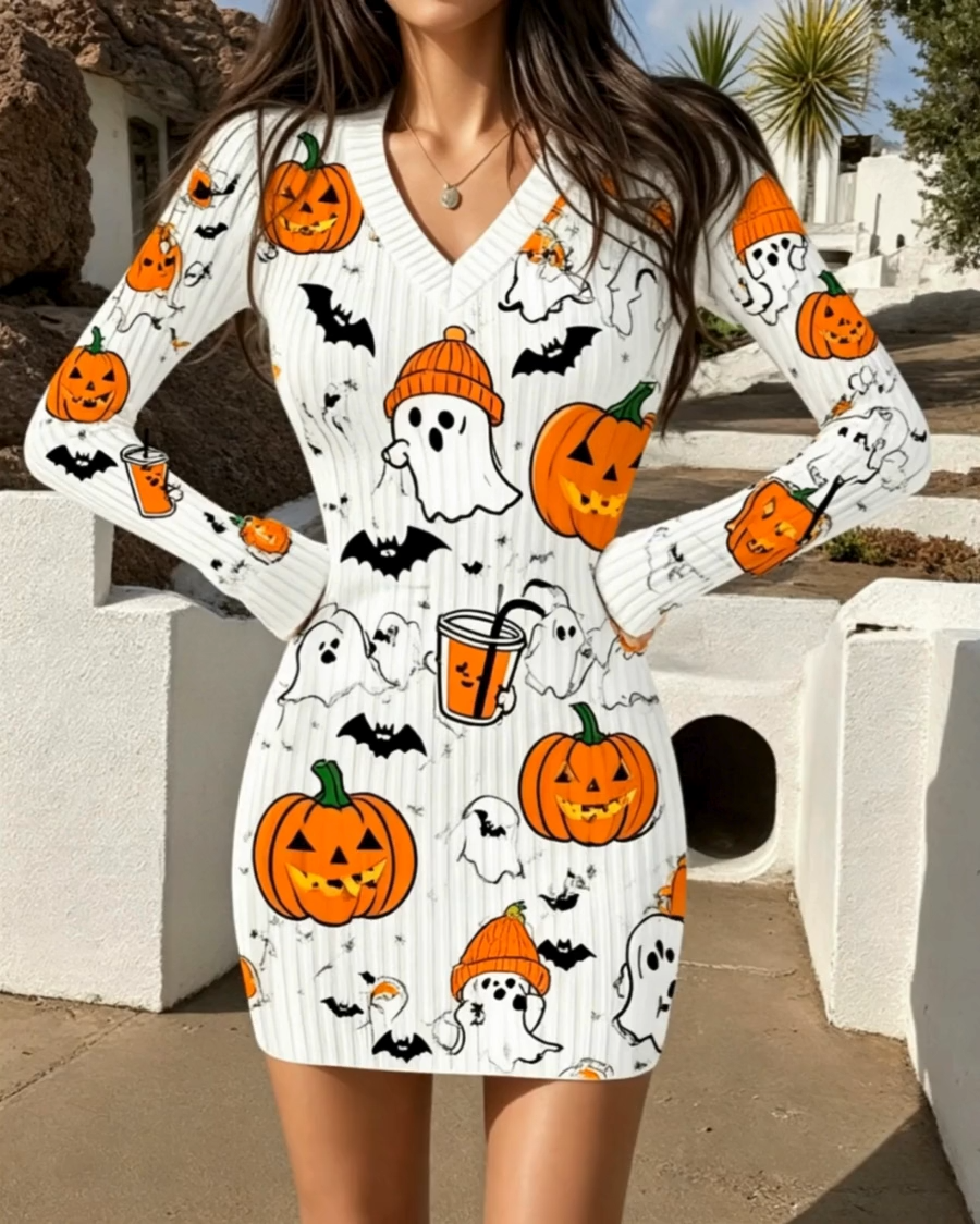 Halloween ghost pumpkin mini bodycon dress