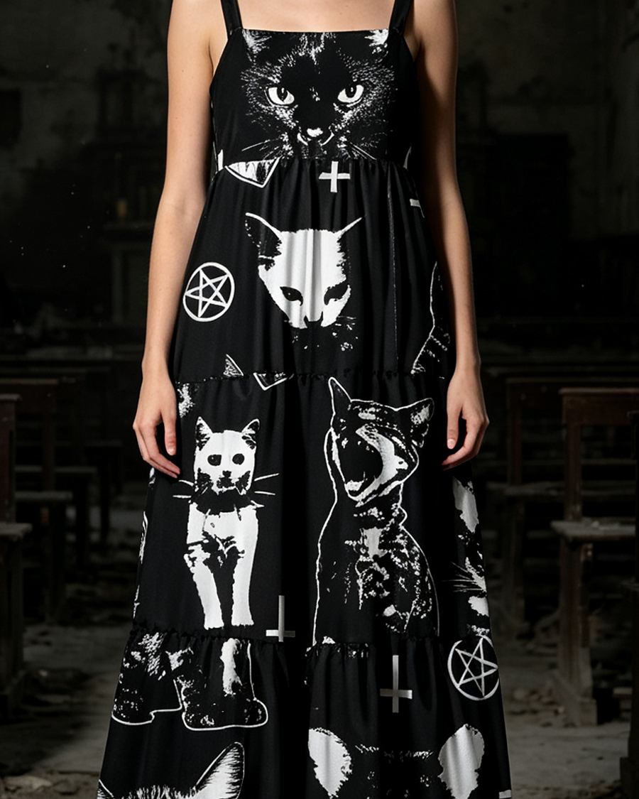 Angry Cat Punk Gothic Wide Straps Maxi Dress