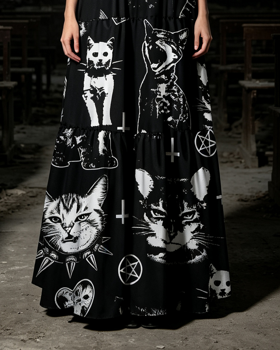 Angry Cat Punk Gothic Wide Straps Maxi Dress