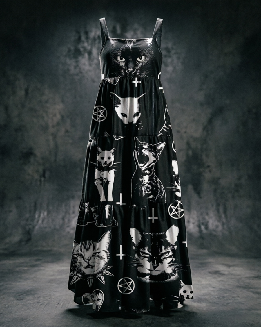 Angry Cat Punk Gothic Wide Straps Maxi Dress