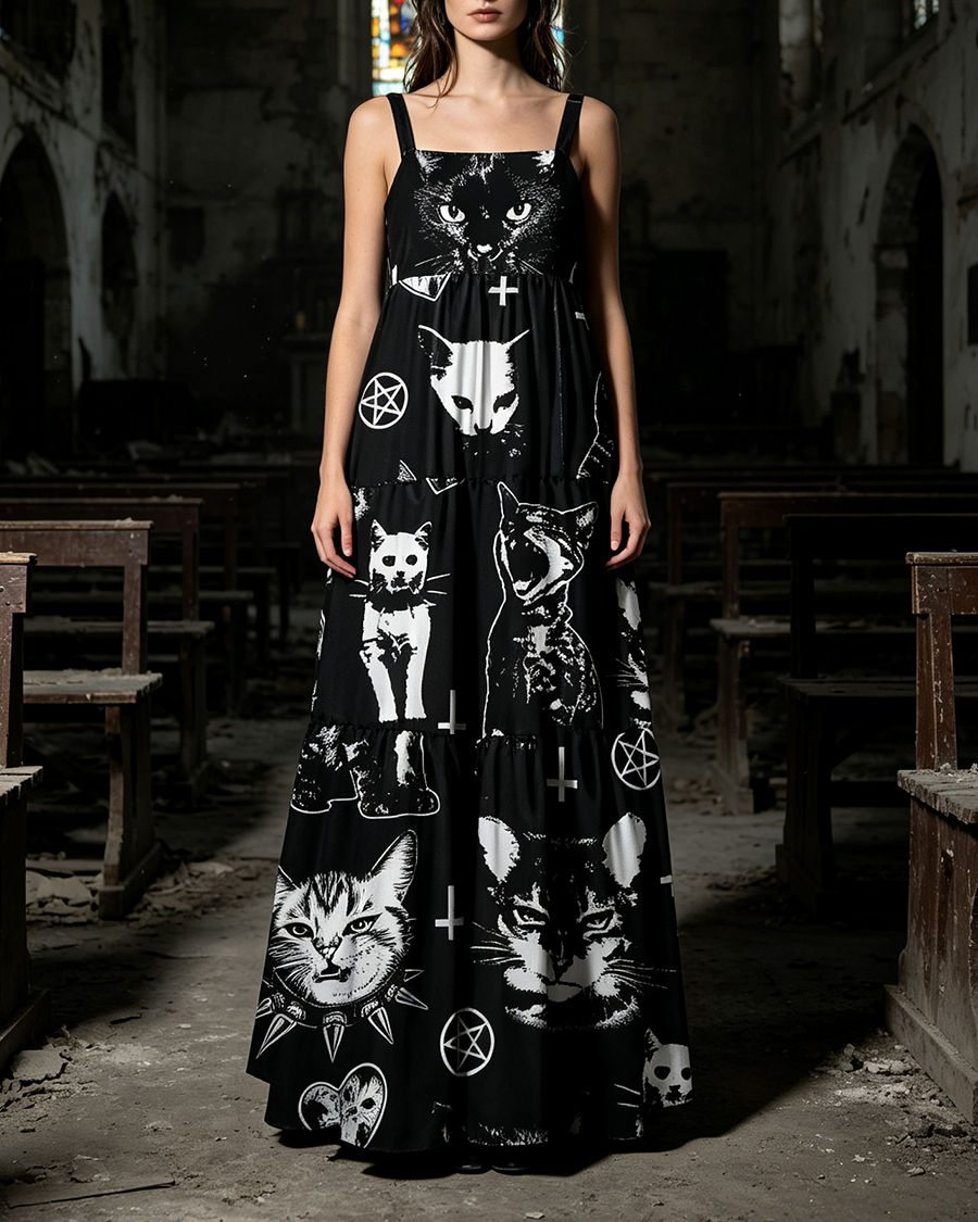 Angry Cat Punk Gothic Wide Straps Maxi Dress
