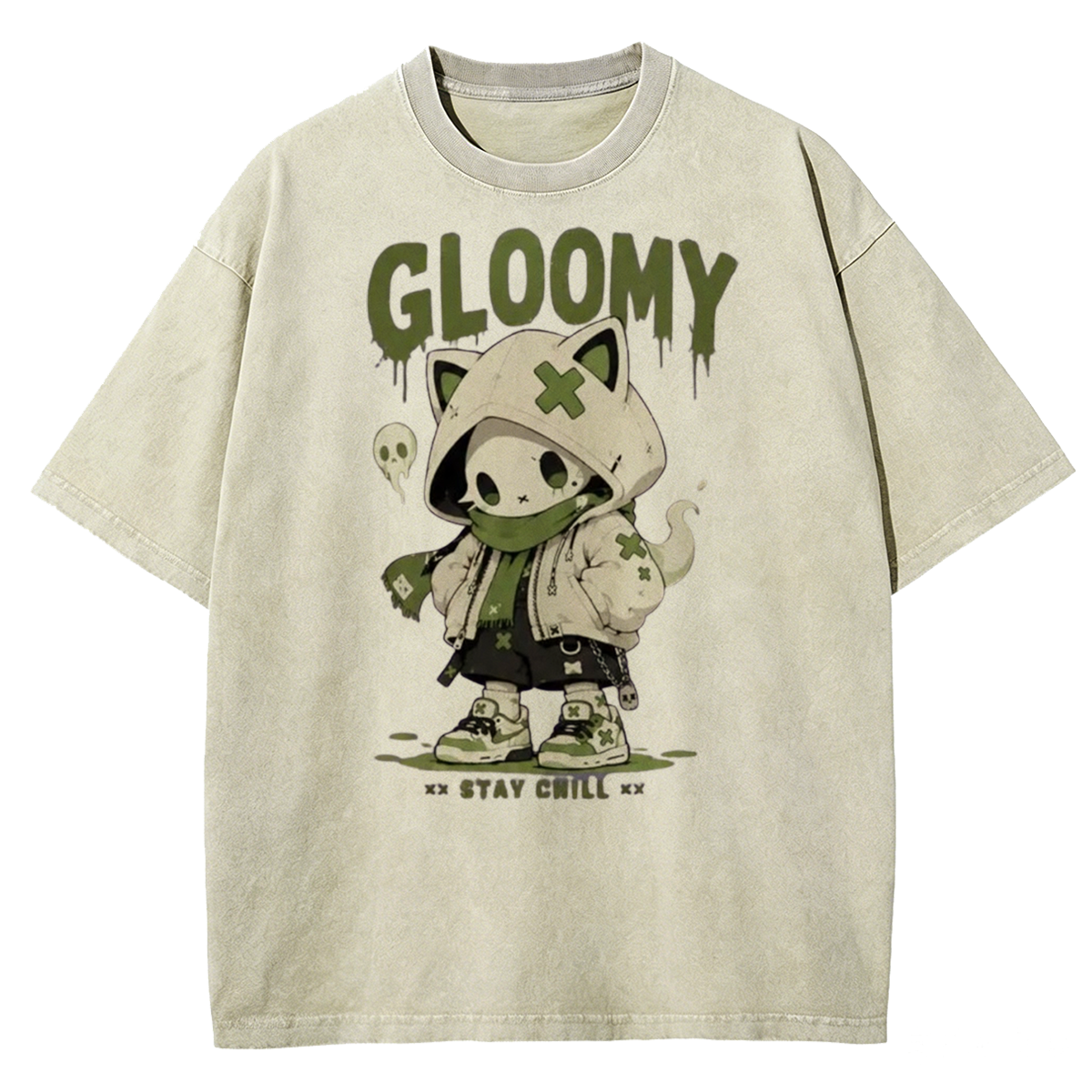 Gloomy Skeleton Cat Washed T-Shirt