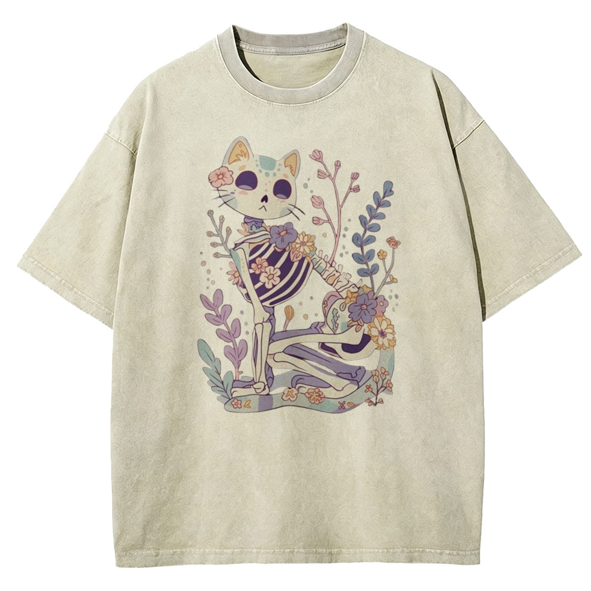 Pastel Goth Cat Skeleton Washed T-Shirt 