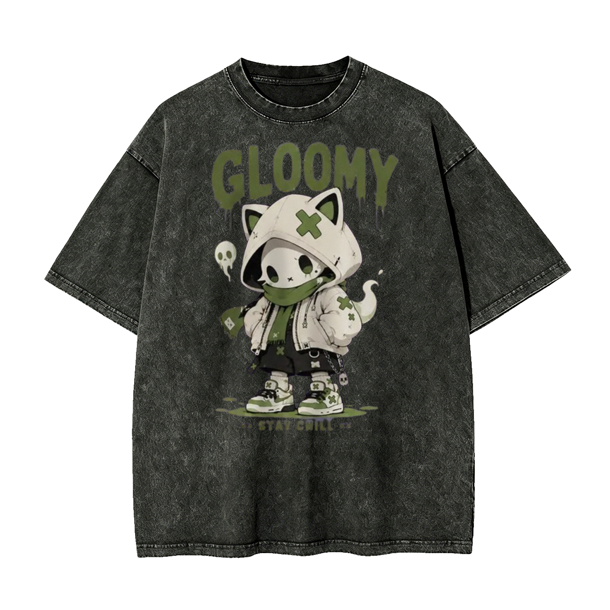 Gloomy Skeleton Cat Washed T-Shirt
