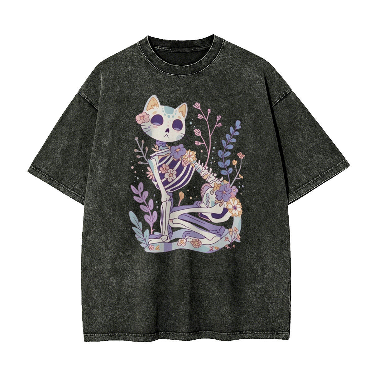 Pastel Goth Cat Skeleton Washed T-Shirt 