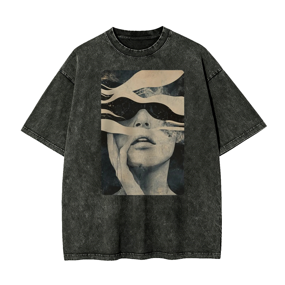 Surreal Abstract Face T-Shirt - Trippy Artistic Graphic Washed T-Shirt