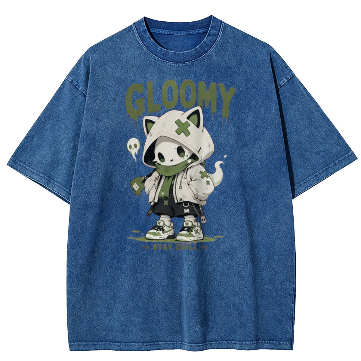 Gloomy Skeleton Cat Washed T-Shirt