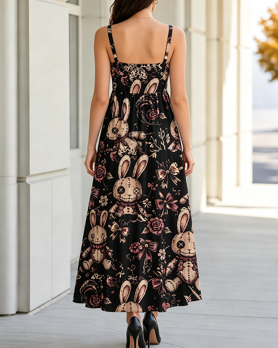 Creepy Stitched Rabbit Button Eyes Maxi Dress