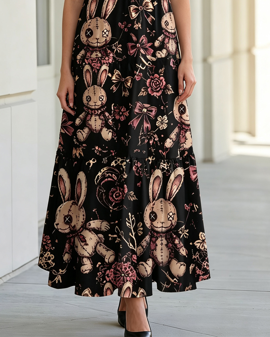 Creepy Stitched Rabbit Button Eyes Maxi Dress