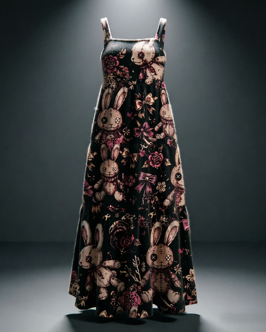 Creepy Stitched Rabbit Button Eyes Maxi Dress