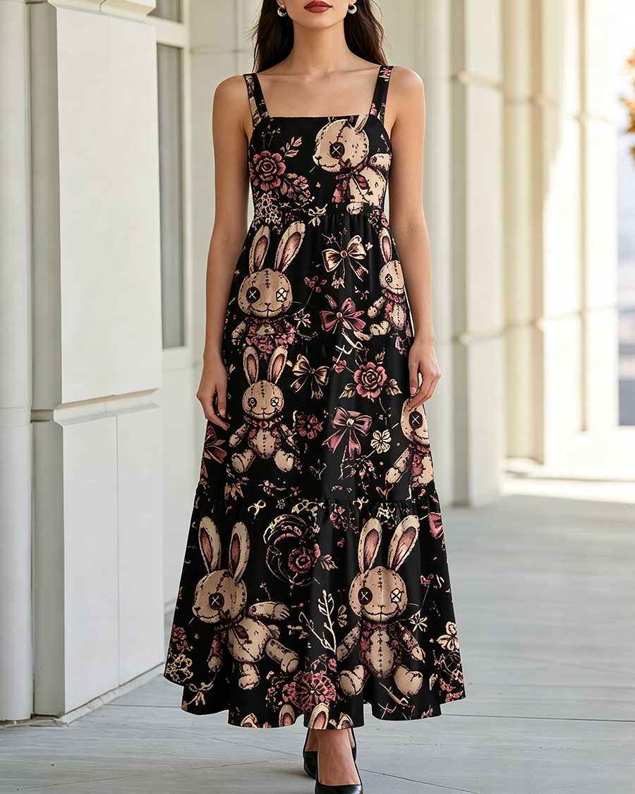 Creepy Stitched Rabbit Button Eyes Maxi Dress