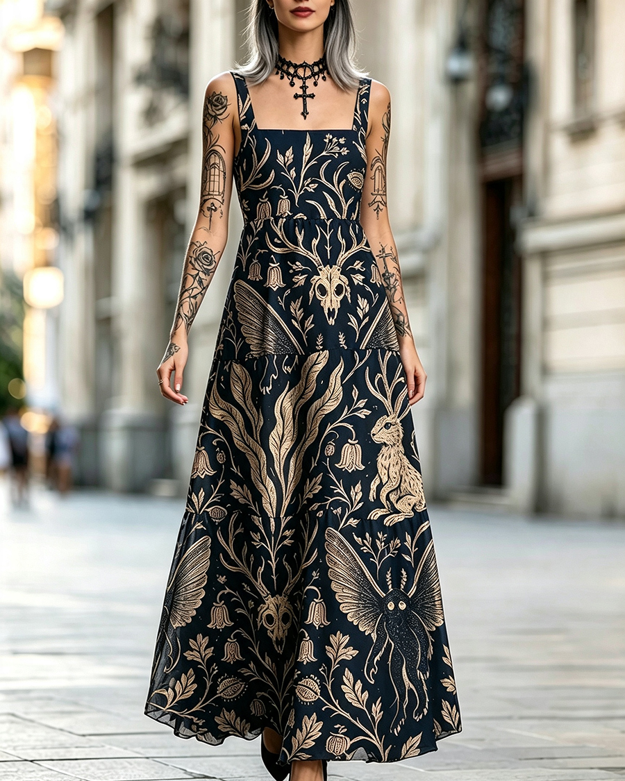 Cryptids Wide Straps Gothic Maxi Dress