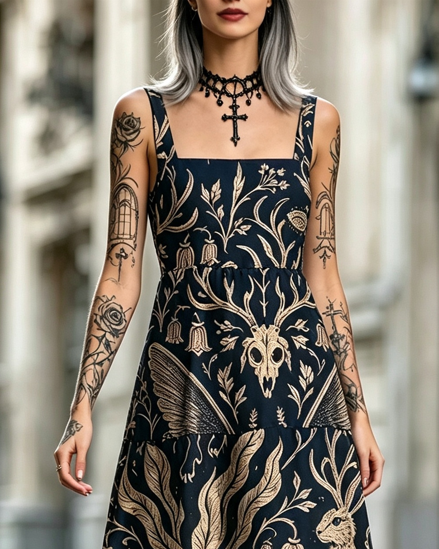 Cryptids Wide Straps Gothic Maxi Dress