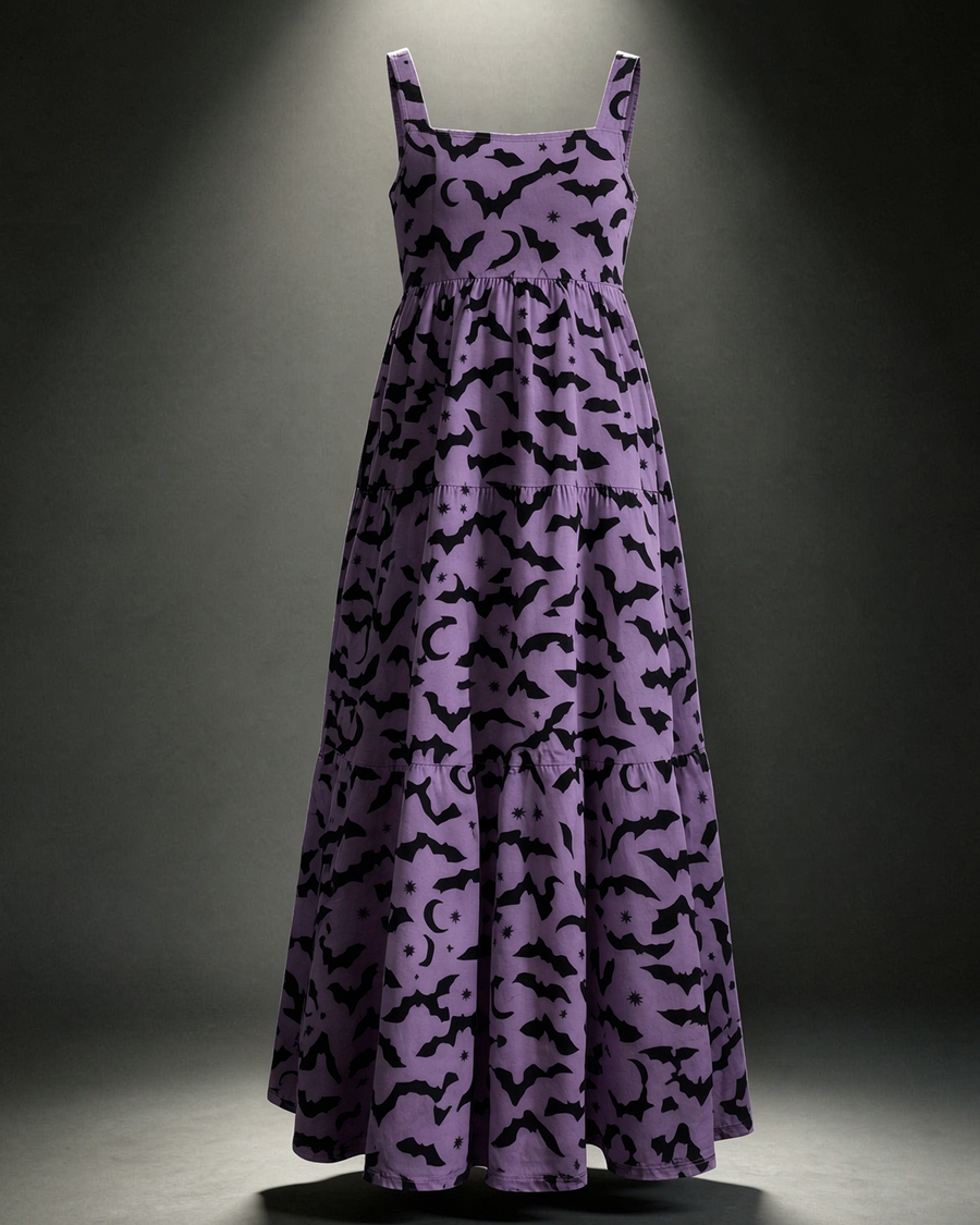 Dark Gothic Aesthetic Bat Crescent Moon Maxi Dress