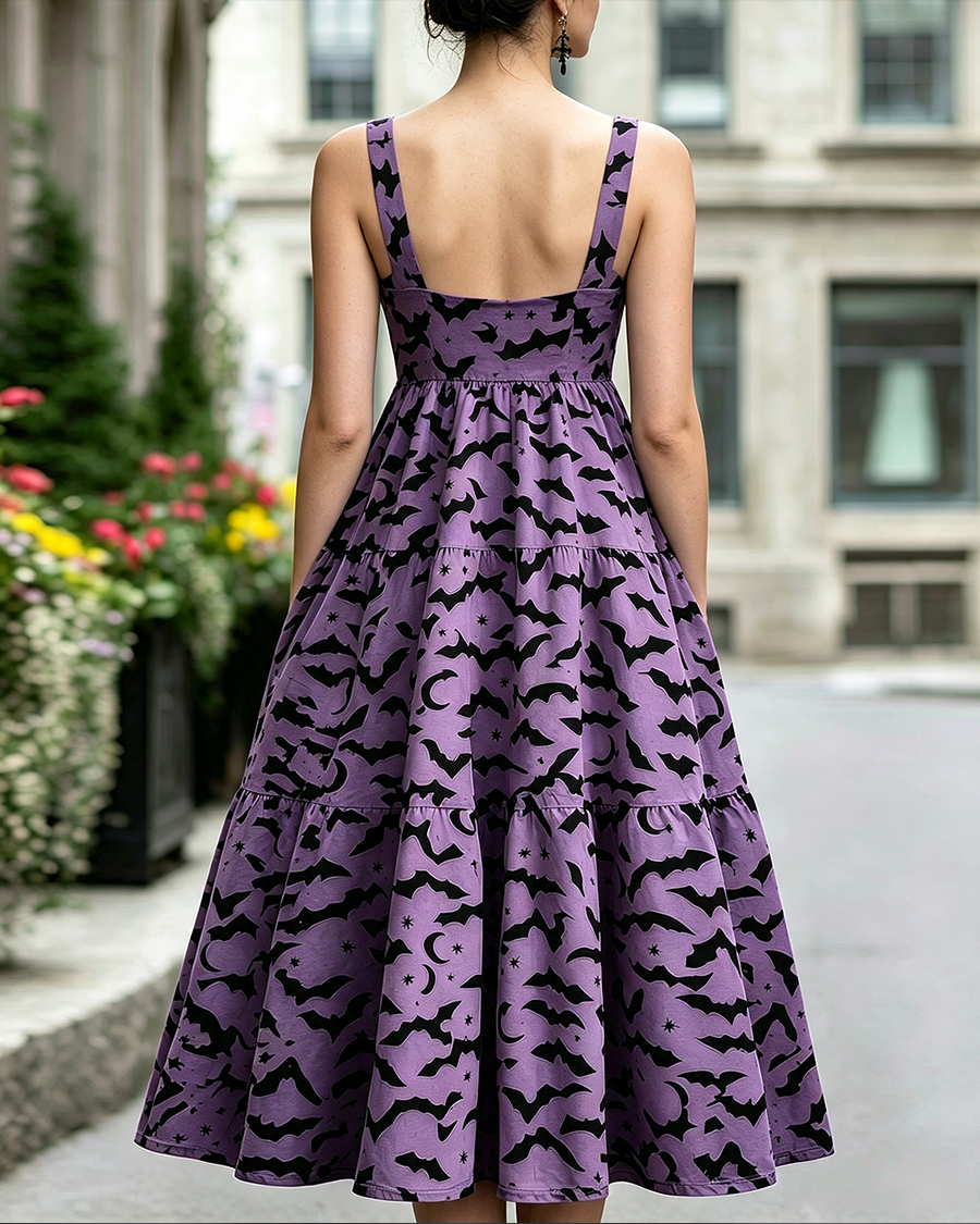 Dark Gothic Aesthetic Bat Crescent Moon Maxi Dress
