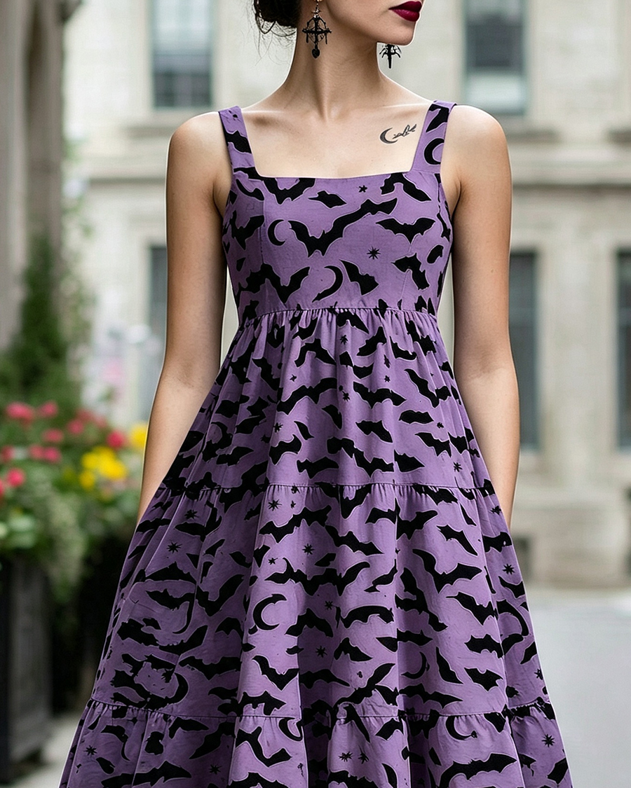 Dark Gothic Aesthetic Bat Crescent Moon Maxi Dress