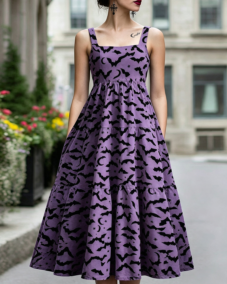 Dark Gothic Aesthetic Bat Crescent Moon Maxi Dress