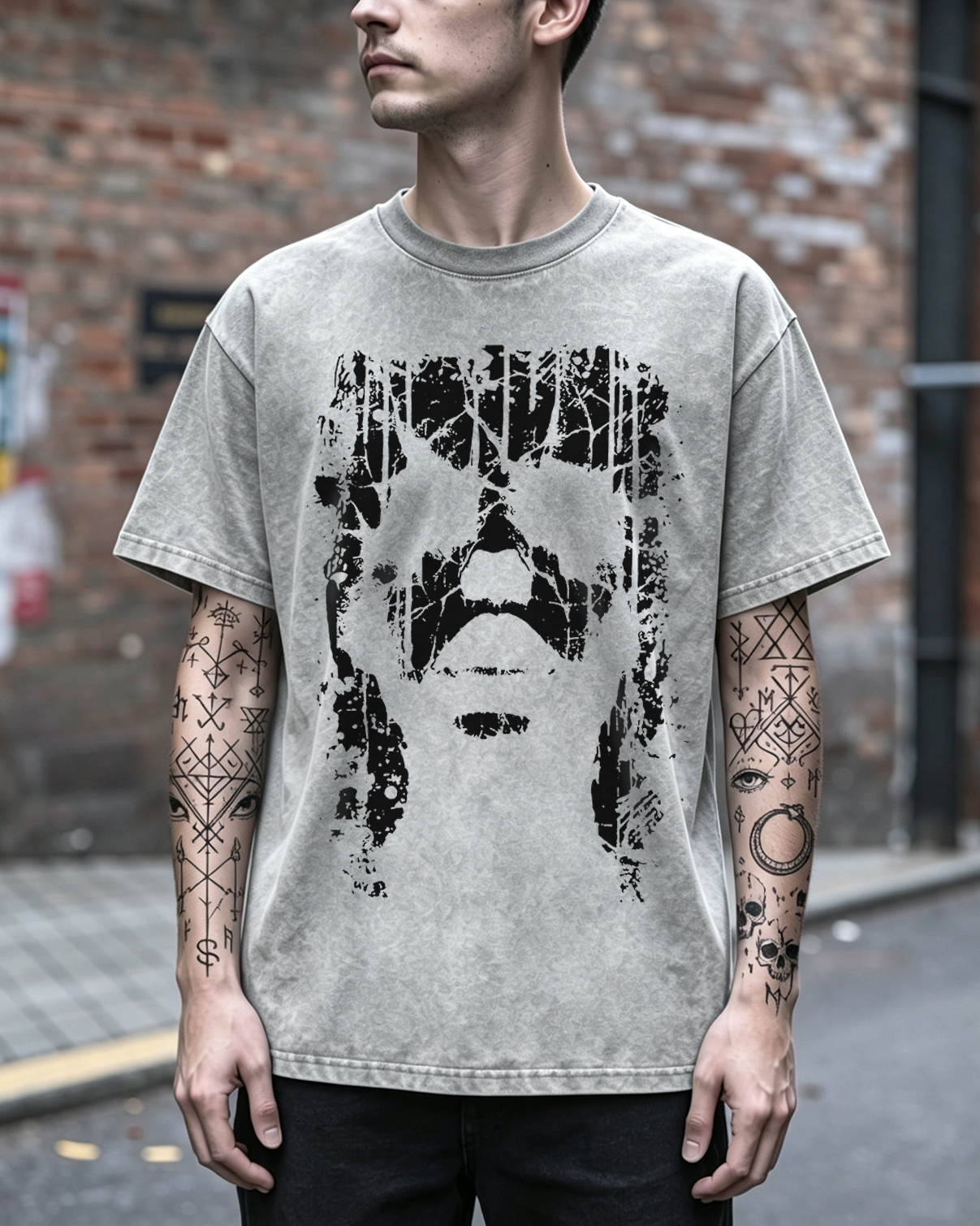 Dark Occult Washed T-Shirt - Creepy Face