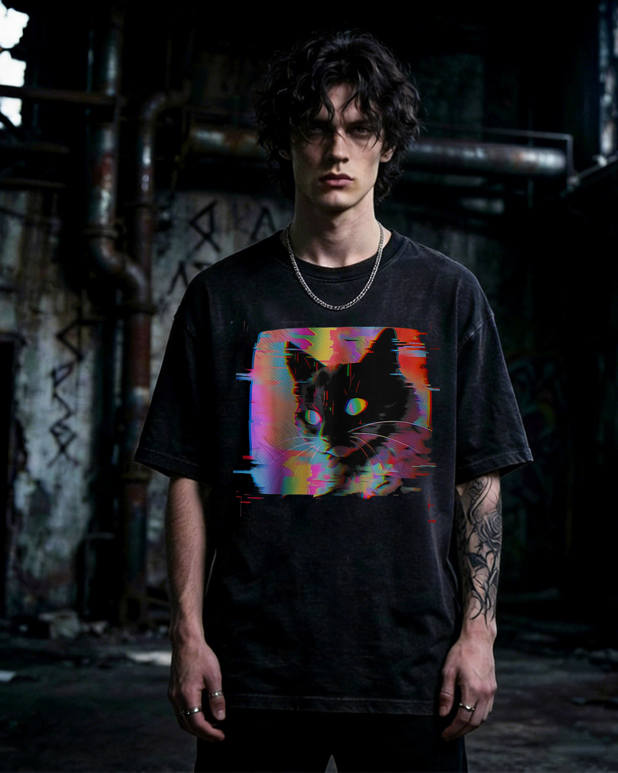 Psychedelic Weirdcore Cat Washed T-Shirt Vaporwave