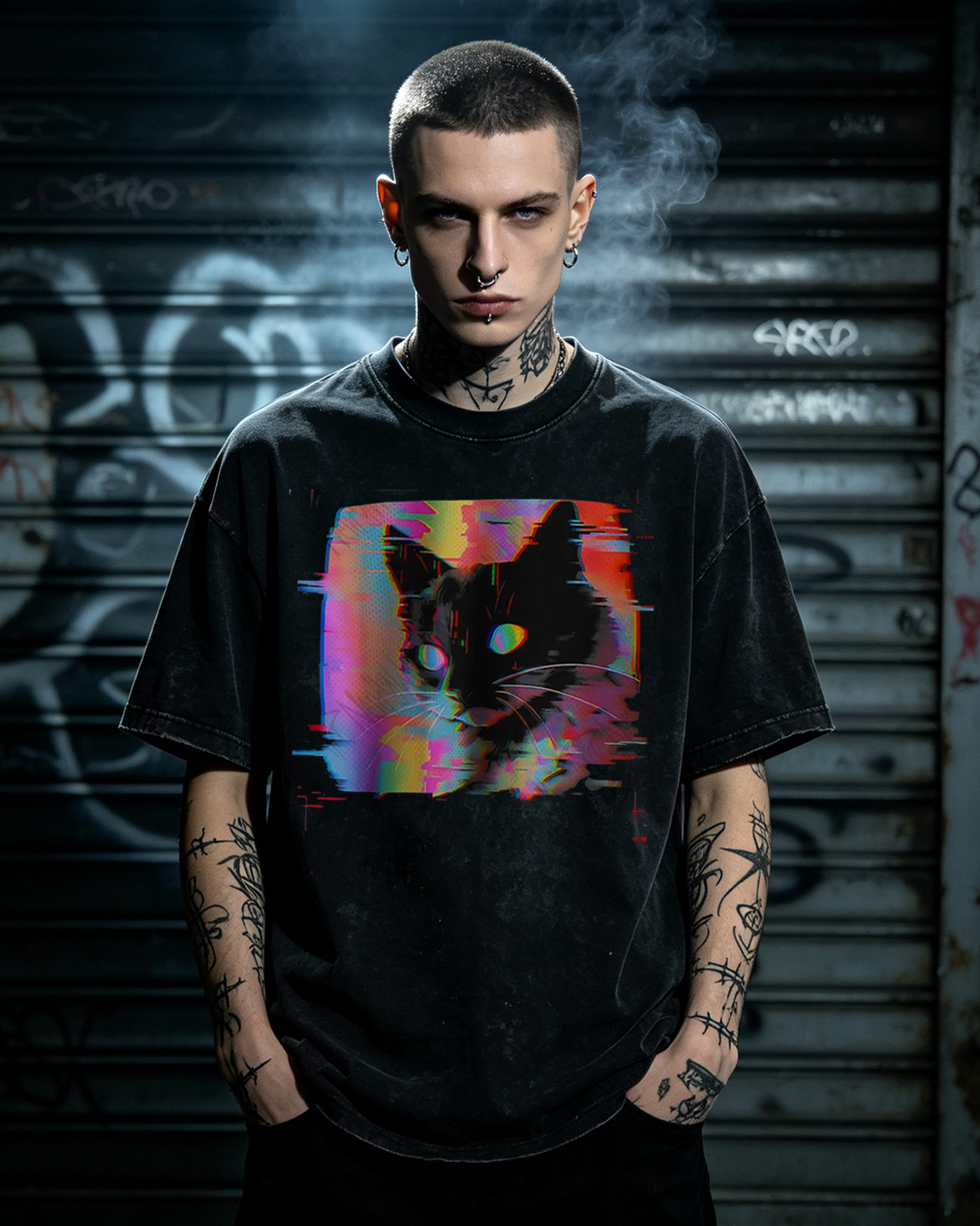 Psychedelic Weirdcore Cat Washed T-Shirt Vaporwave