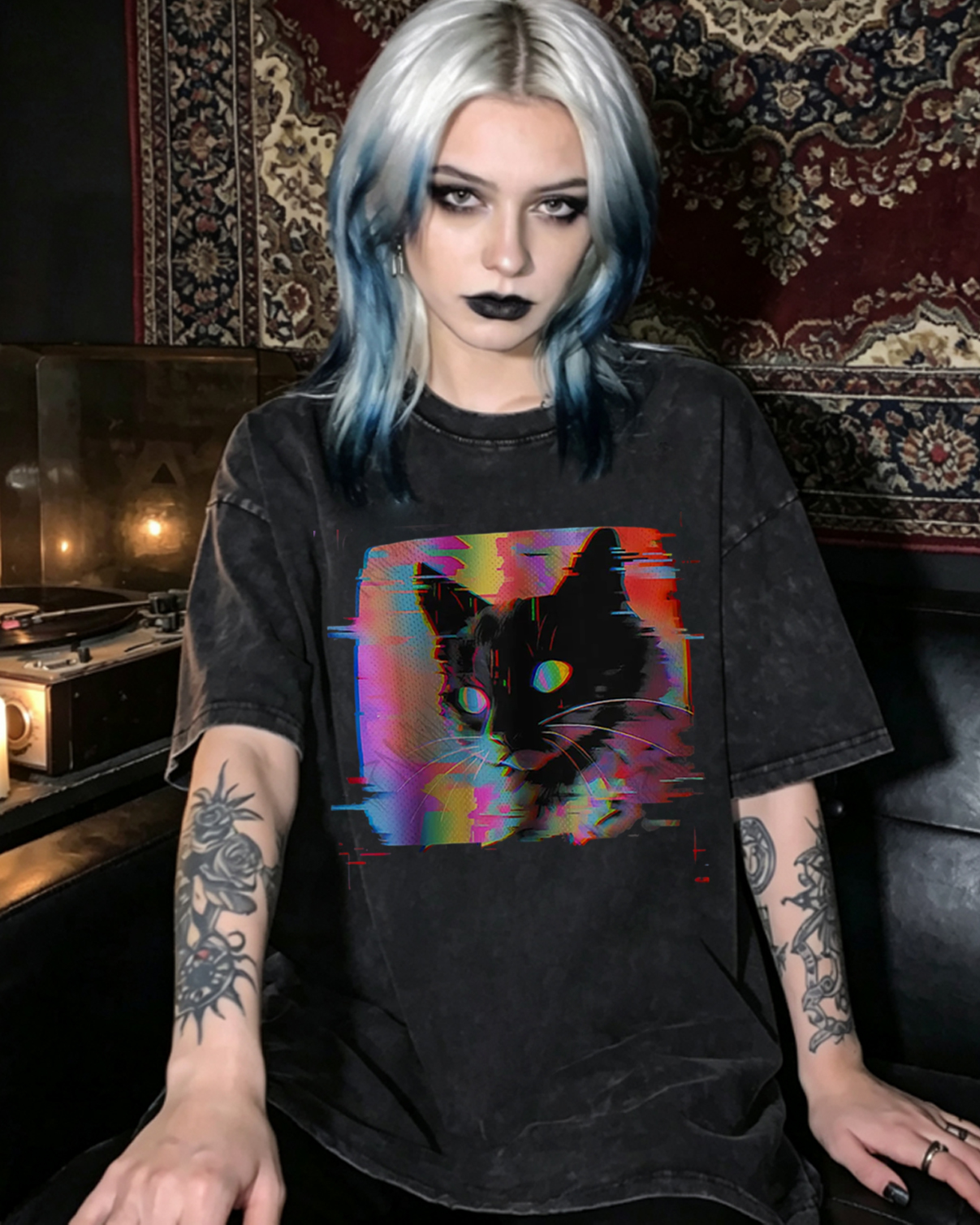 Psychedelic Weirdcore Cat Washed T-Shirt Vaporwave