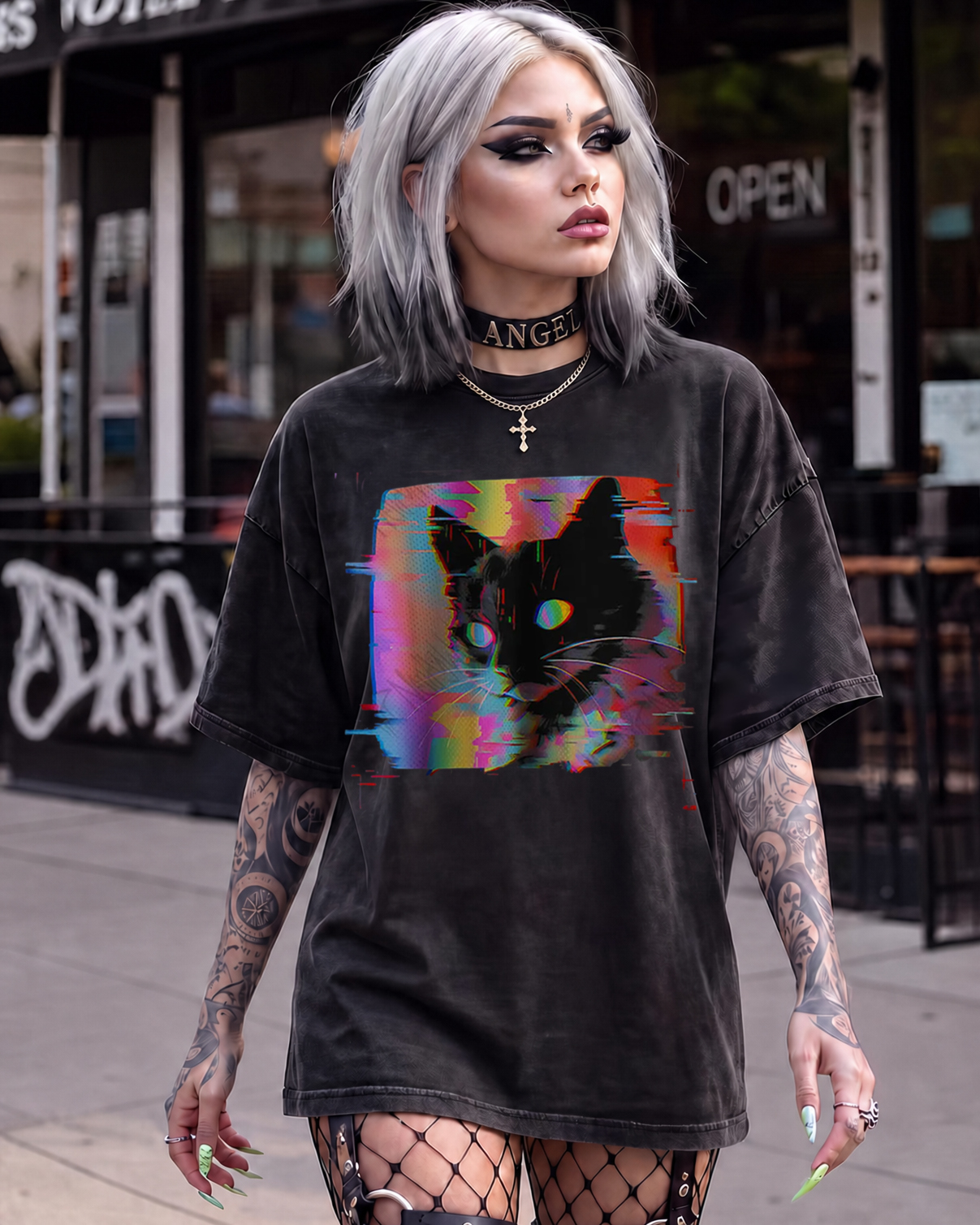 Psychedelic Weirdcore Cat Washed T-Shirt Vaporwave