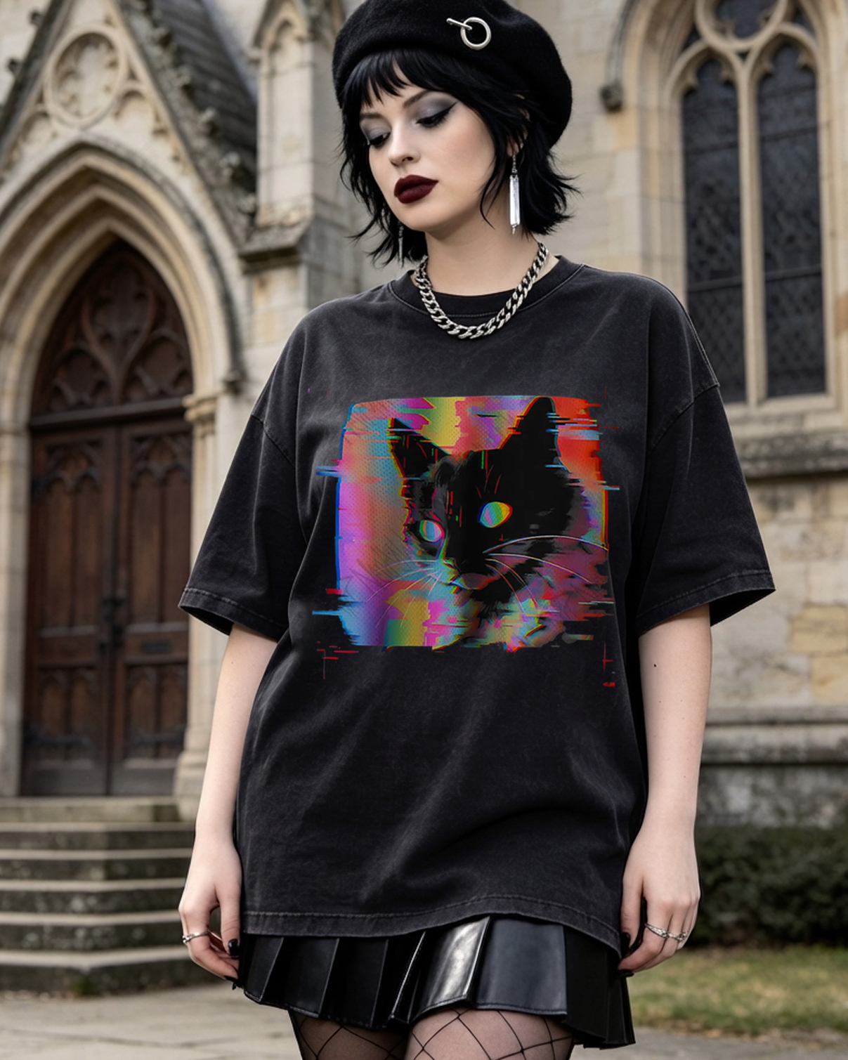 Psychedelic Weirdcore Cat Washed T-Shirt Vaporwave