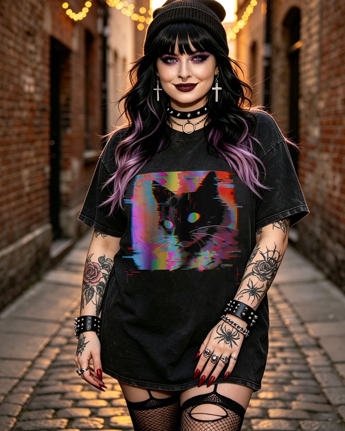 Psychedelic Weirdcore Cat Washed T-Shirt Vaporwave