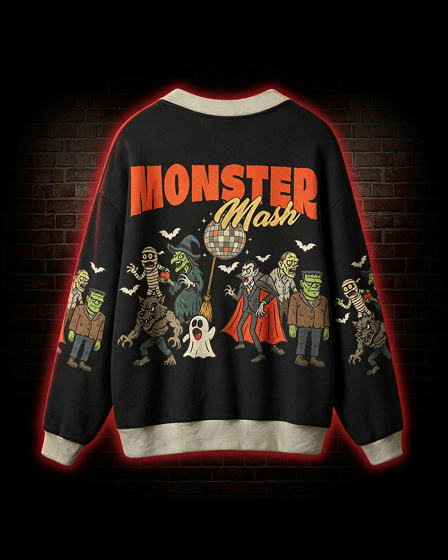 Halloween Dancing Monsters Print Button Cardigan Sweater