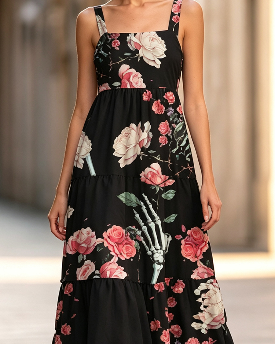Gothic Floral Skull Wide Straps Maxi Dress