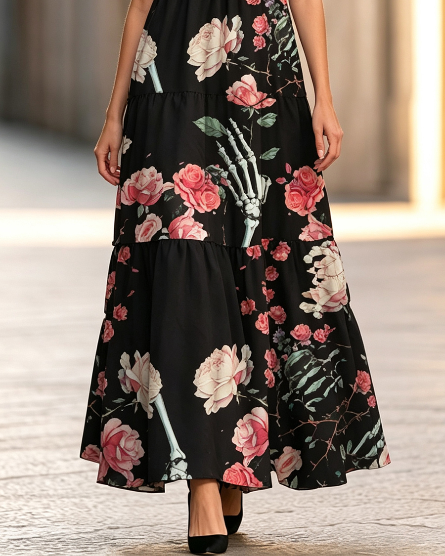 Gothic Floral Skull Wide Straps Maxi Dress