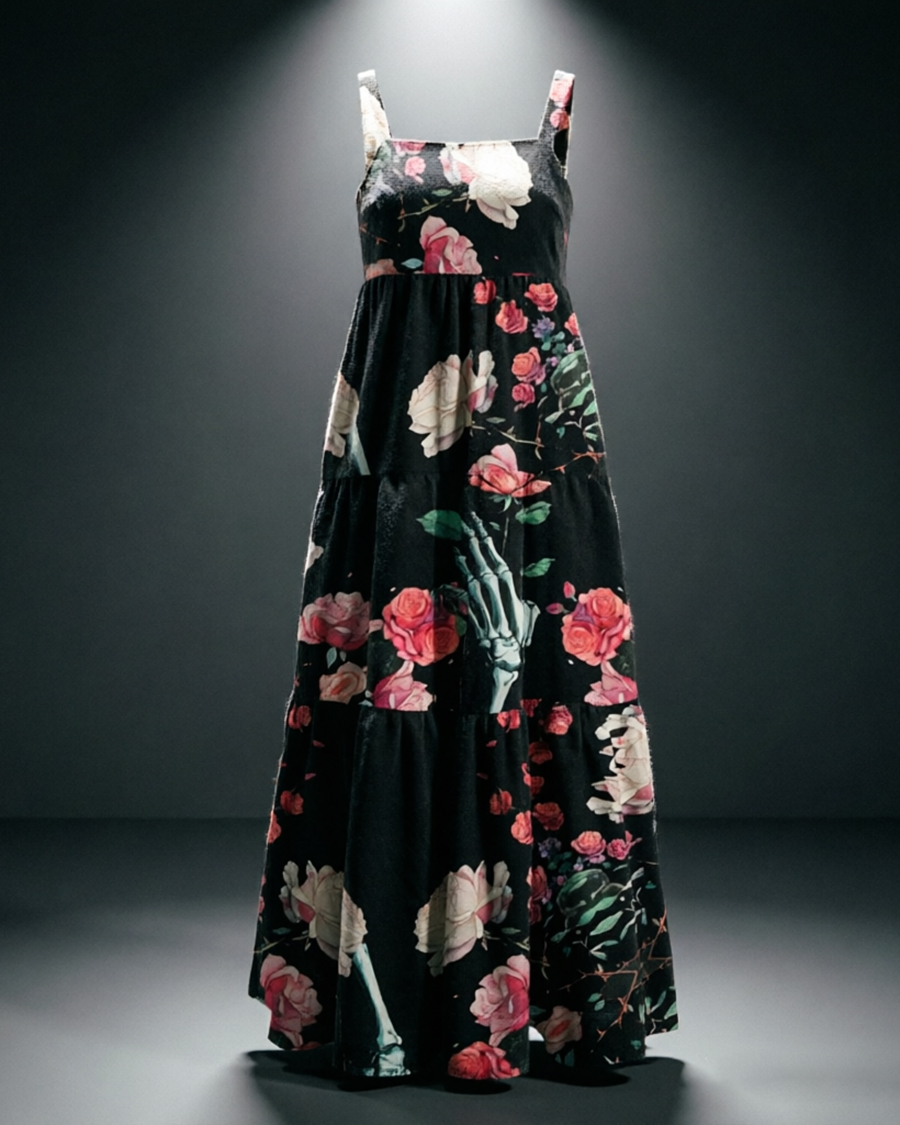 Gothic Floral Skull Wide Straps Maxi Dress