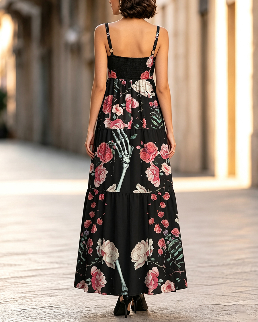 Gothic Floral Skull Wide Straps Maxi Dress