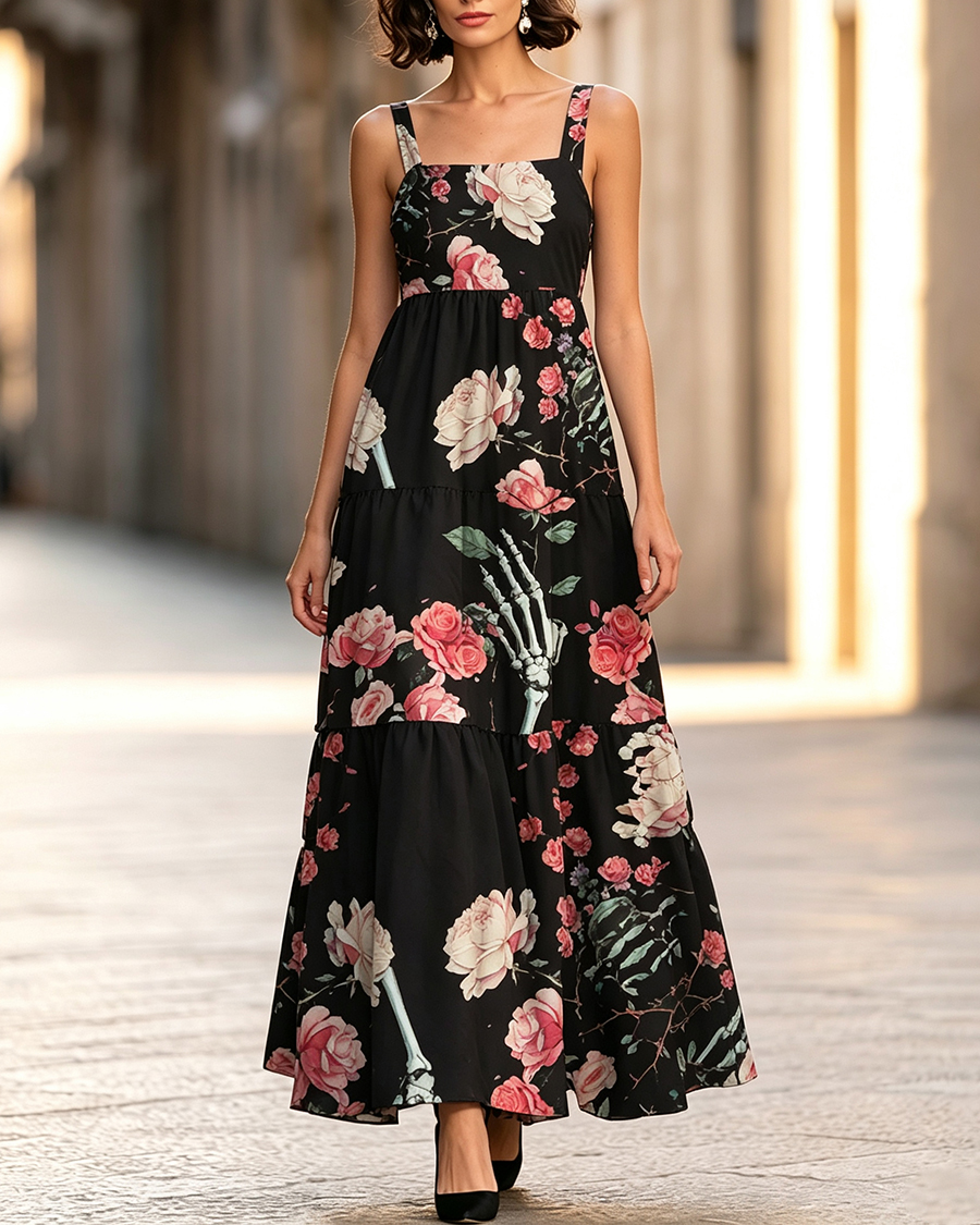 Gothic Floral Skull Wide Straps Maxi Dress