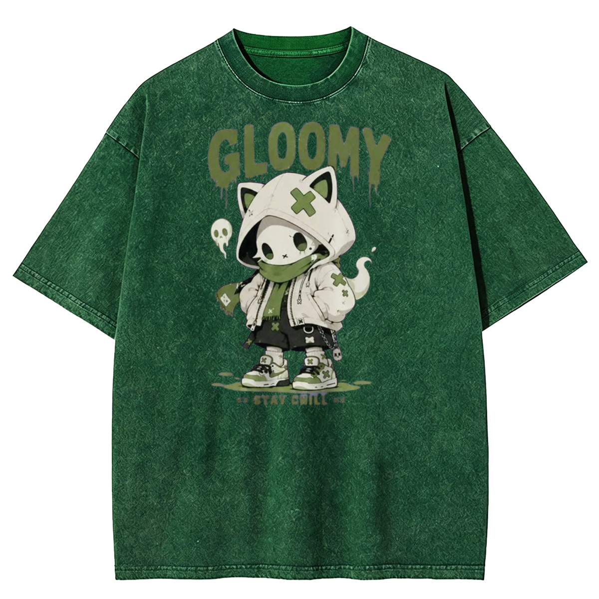 Gloomy Skeleton Cat Washed T-Shirt