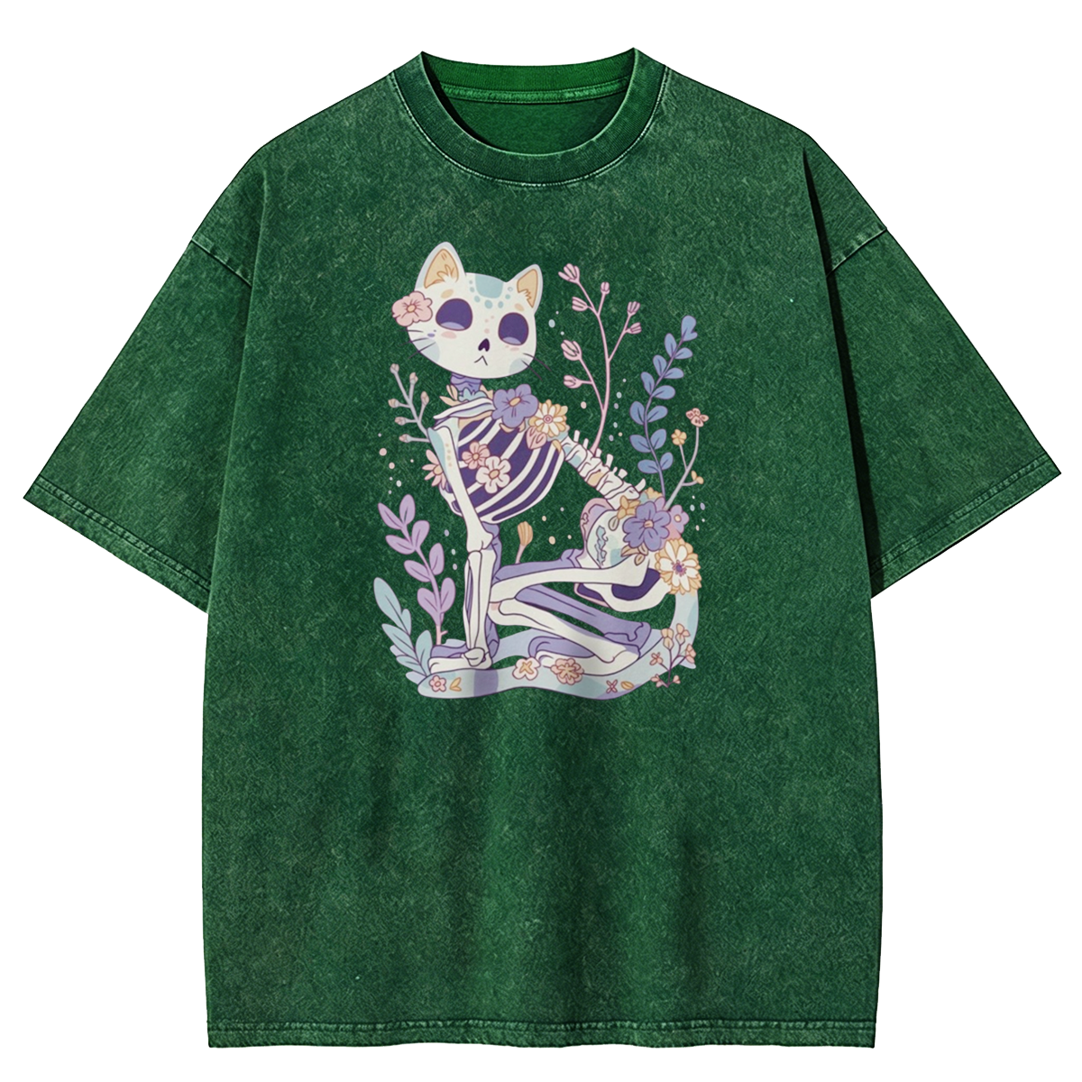 Pastel Goth Cat Skeleton Washed T-Shirt 
