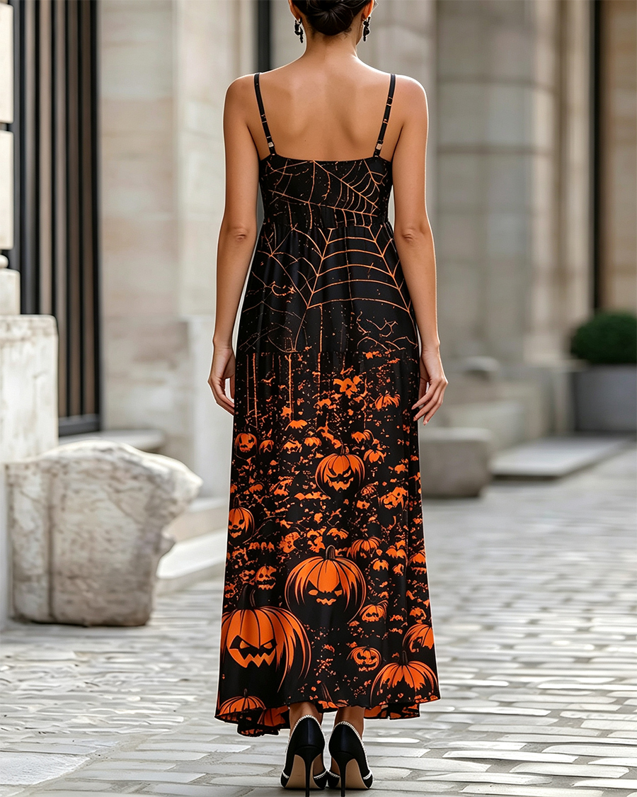 Halloween Pumpkin Wide Straps Maxi Dress