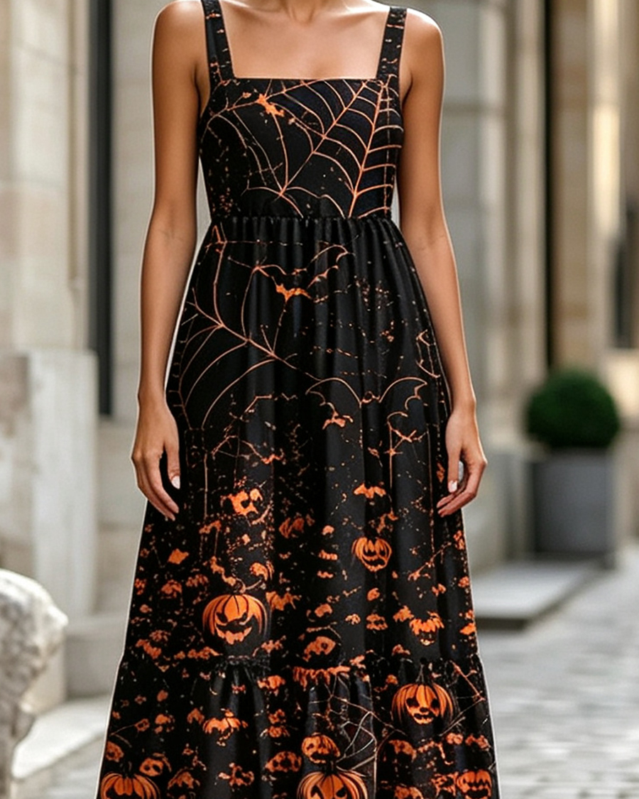 Halloween Pumpkin Wide Straps Maxi Dress